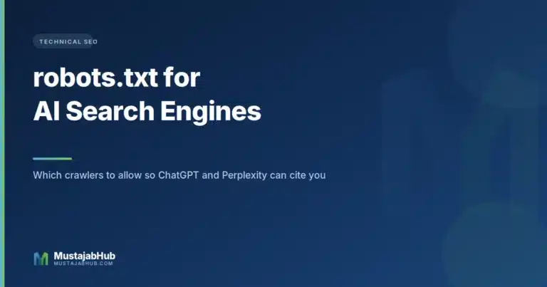 robots.txt for WordPress in 2026: How to Control Google, AI Crawlers and ChatGPT Search Title graphic reading robots dot txt for AI search engines on a dark blue background-robots-txt-ai-crawlers guide by mustajabhub.com.