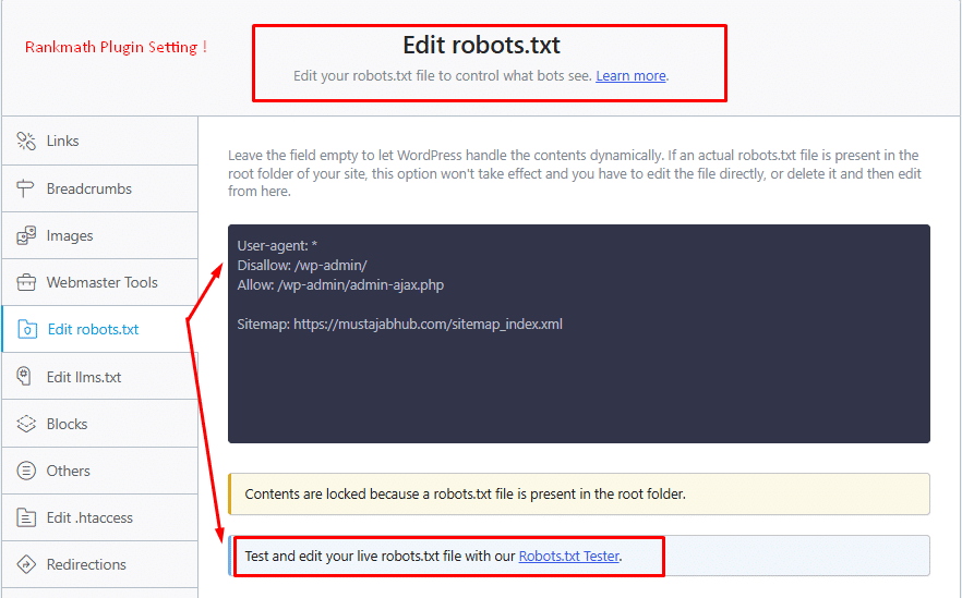 Robots.txt and Noindex Are Not the Same Thing - robots.txt file by rankmath checked and fix by mustajabhub.com